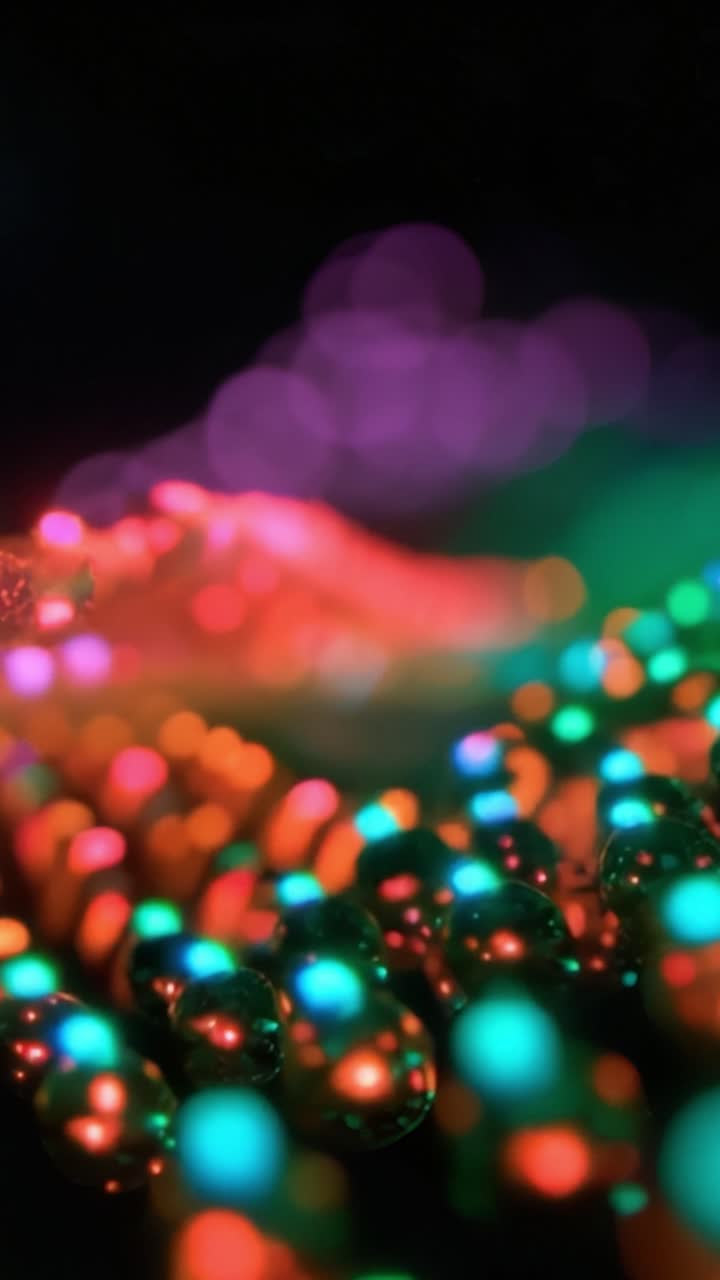 Una miscela ipnotizzante di colori vibranti e goccioline luminose che crea una rappresentazione astratta, riflettendo luci scintillanti in un ambiente surreale e onirico.