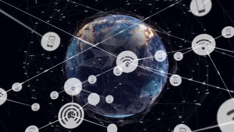 Animation-of-network-of-digital-icons-over-spinning-globe-against-black-background