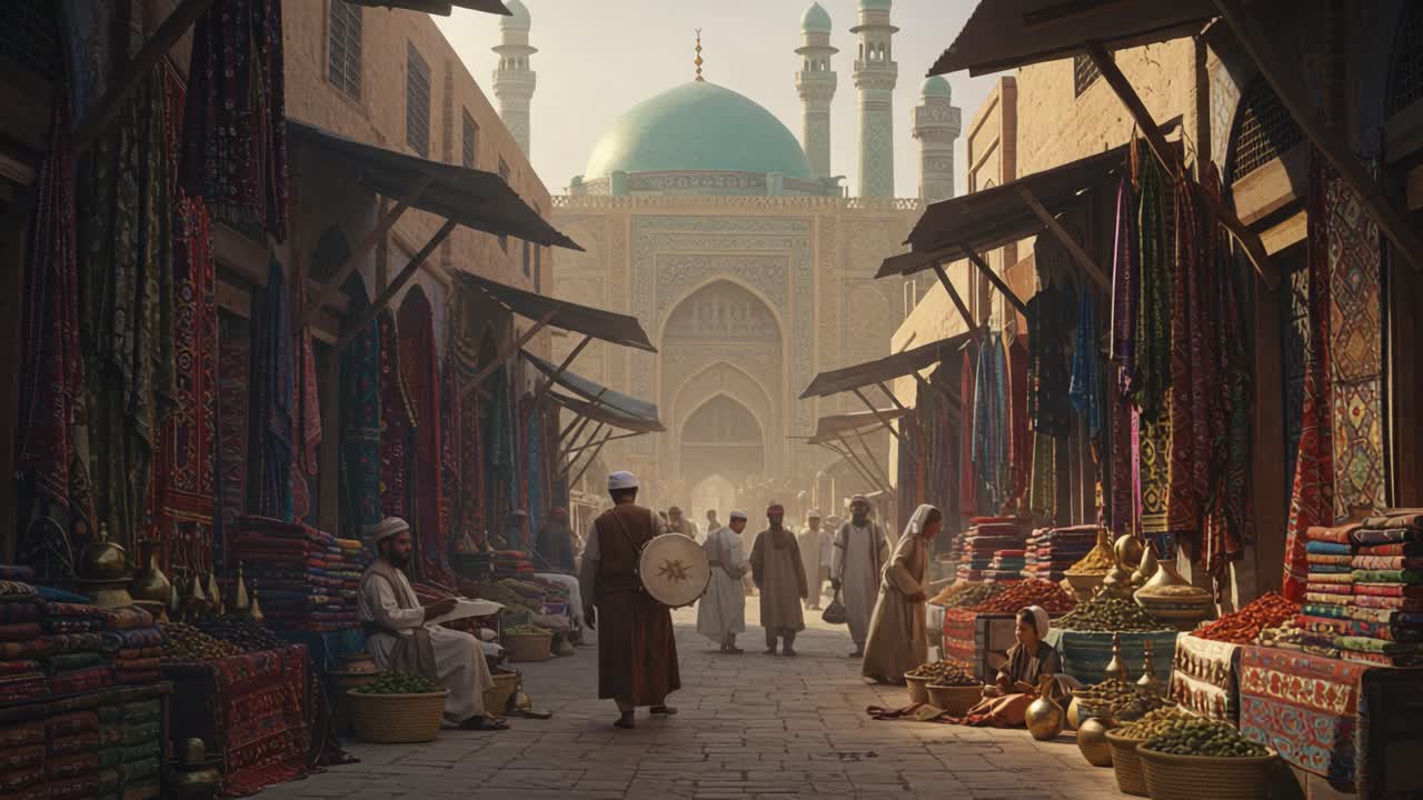 A Bustling Market Scene with Colorful Textiles and Vibrant Culture, Showcasing Traditional Life Within an Ancient Setting Surrounded by Architectural Marvels