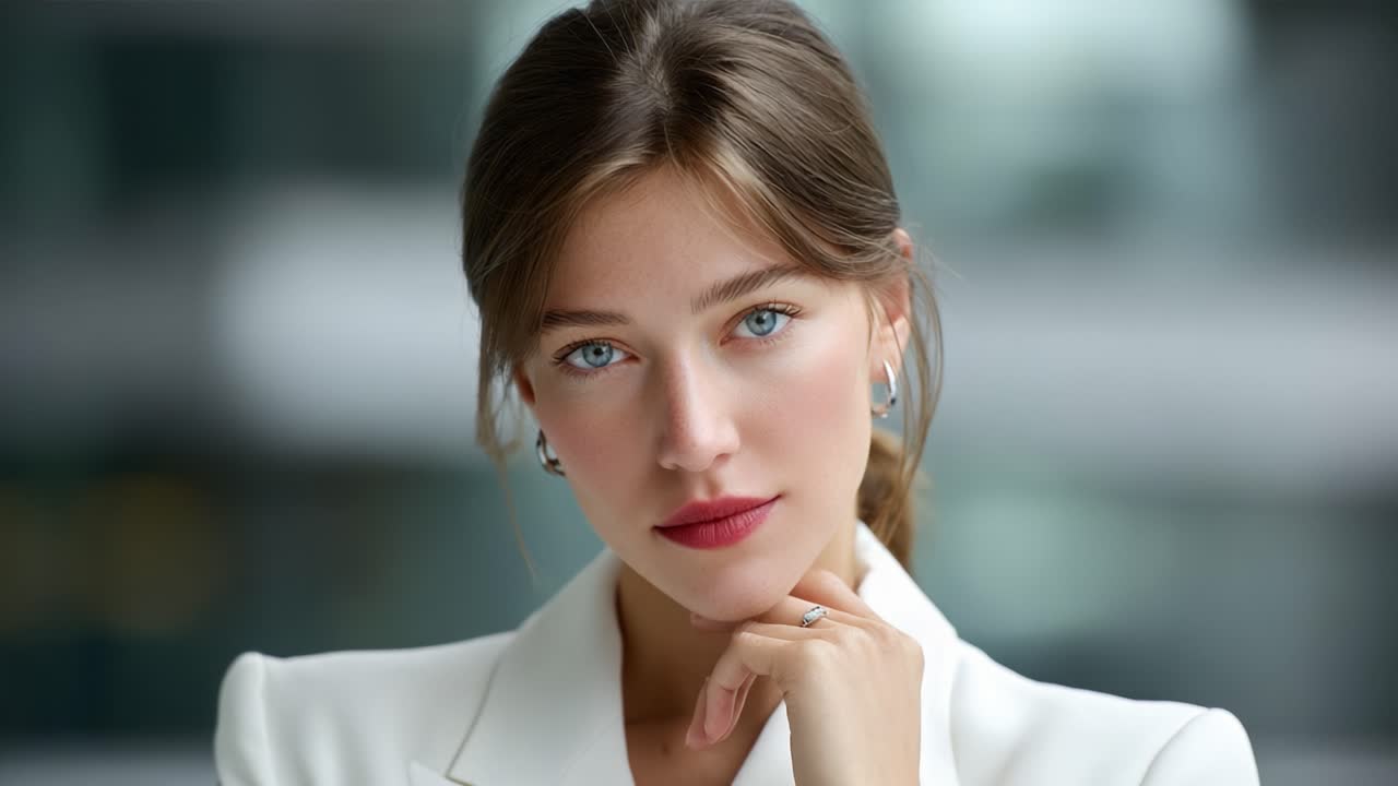 Elegant Portrait of a Young Woman with Striking Blue Eyes Dressed in a White Blazer, Capturing a Moment of Poise and Confidence Against a Blurred Background
