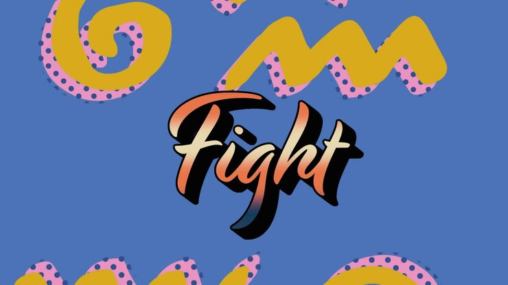 Animazione del testo 'fight' su grafiche e forme colorate.