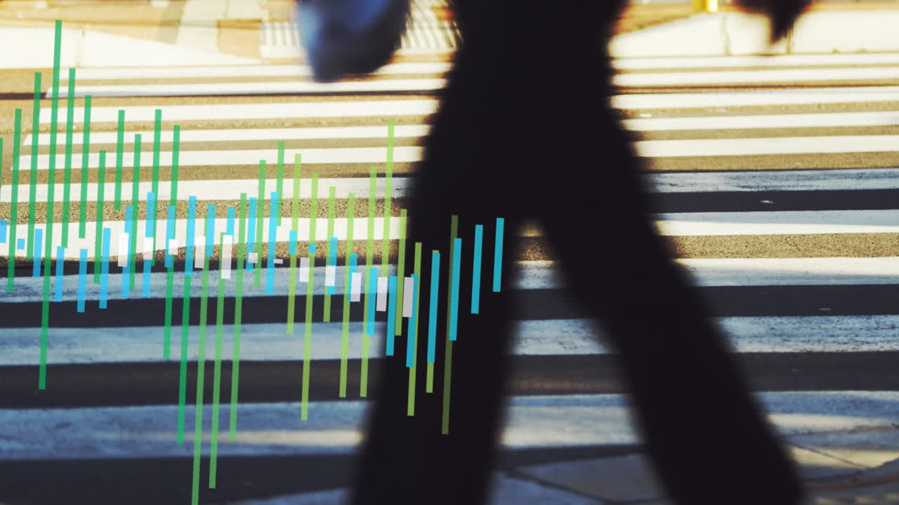 제브라 교차로에 있는 사람들 위에서 금융 데이터 처리의 애니메이션