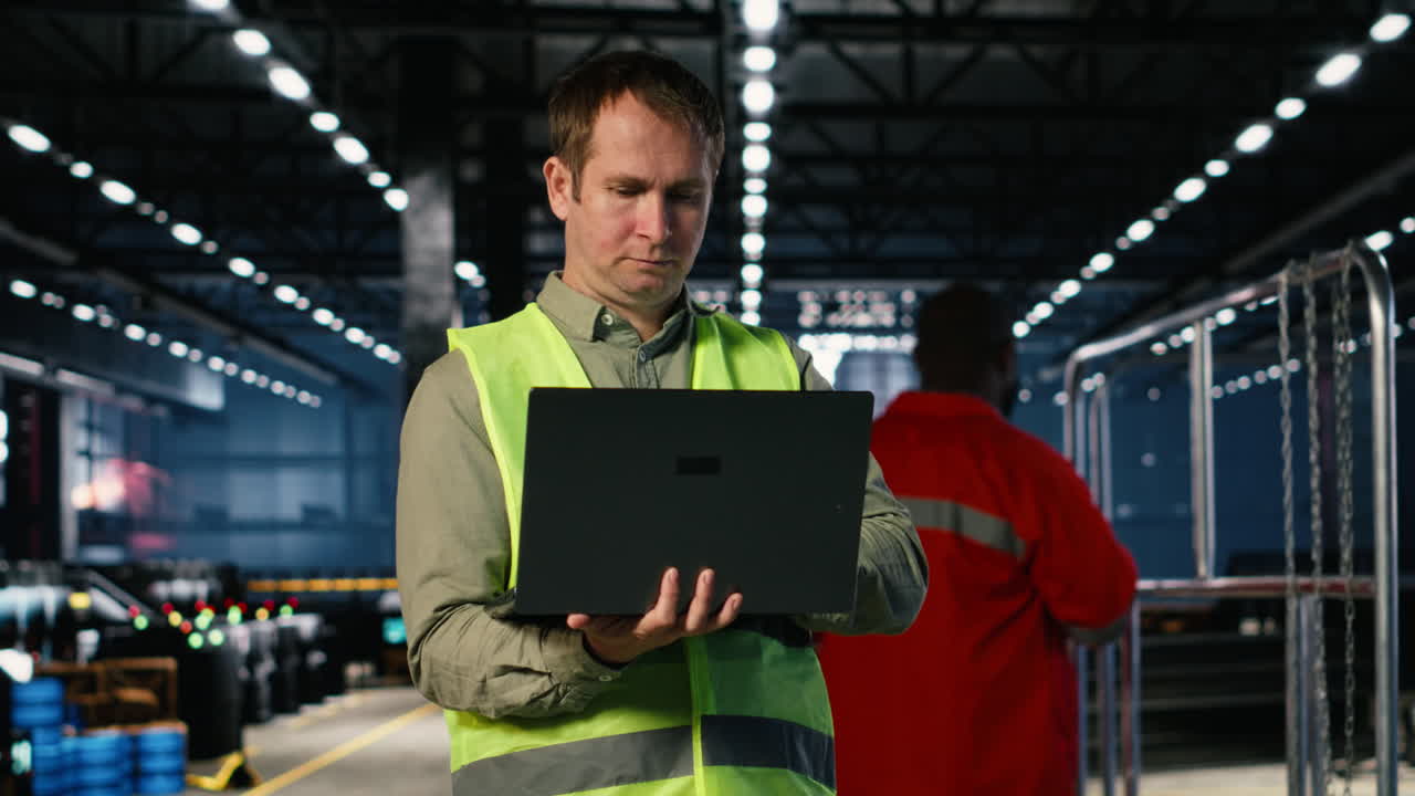 Portrait of technician handling metal tools on laptop from the factory floor