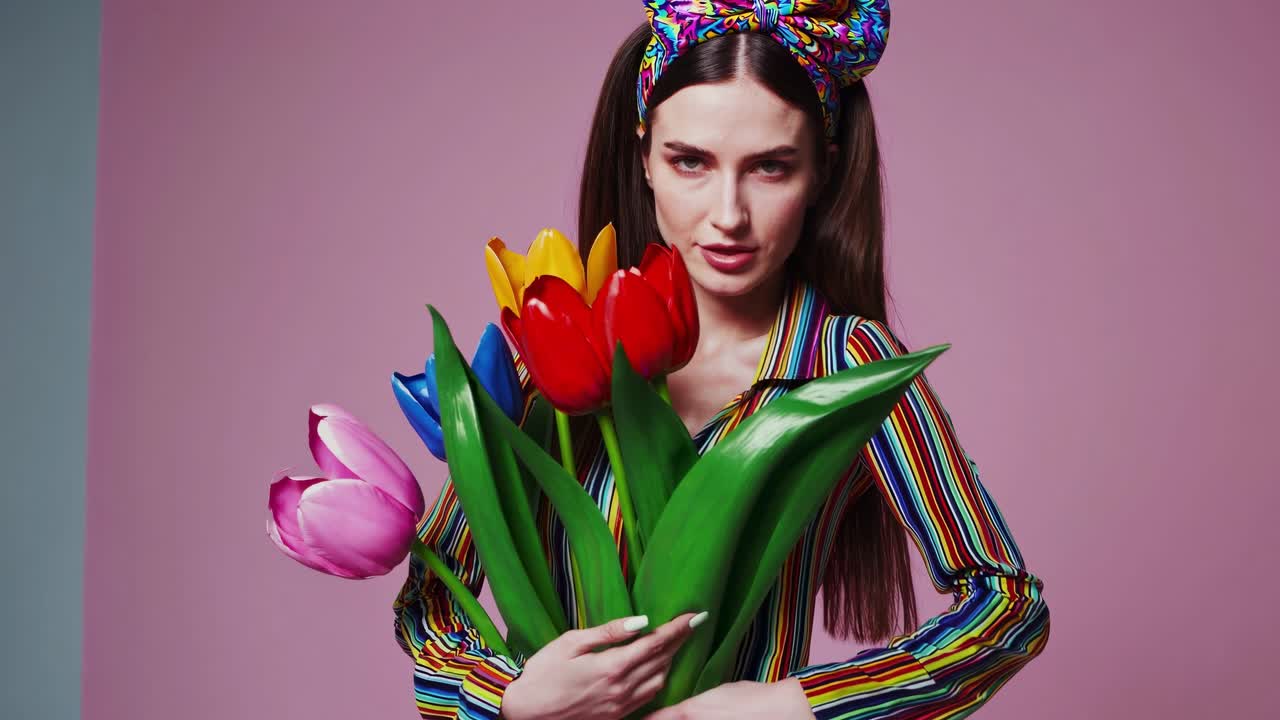 Stylish woman with a colorful headscarf and striped shirt is holding a bouquet of vibrant tulips in a studio setting, creating a fashionable and artistic scene