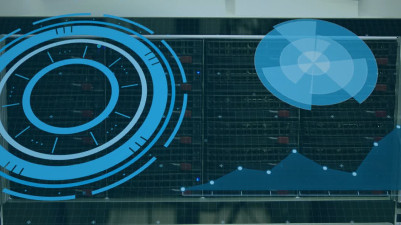 Animation of scopes scanning and data processing over cables in computer server in background