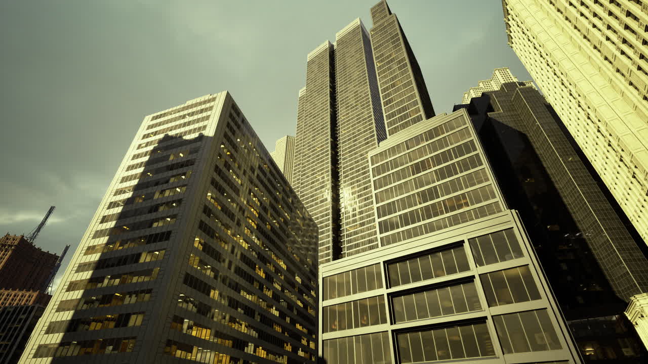 Urban skyline view showcasing modern skyscrapers under dramatic clouds