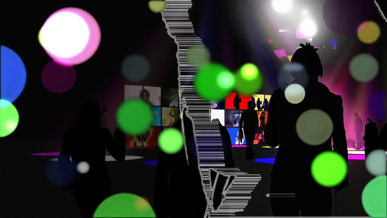 춤추는 사람 들 과 스크린 들 이 있는 색색 빛 의 움직이는 반점 들