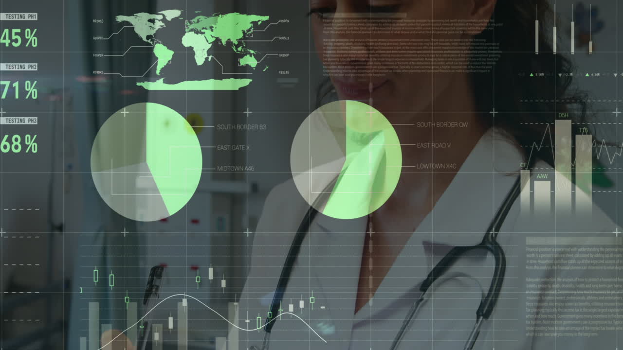 procesamiento de datos estadísticos y financieros a través de líneas de cuadrícula contra el retrato de una doctora sonriente
