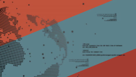 animation of digital world map with coding text on abstract red and blue background