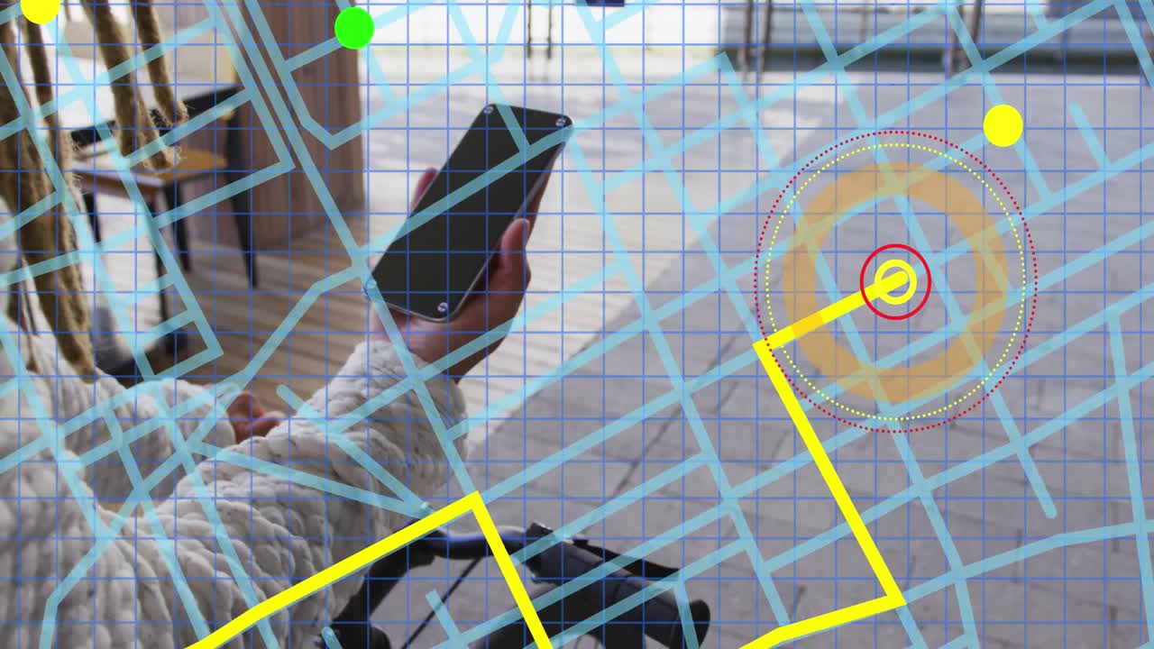 Animation of city map over biracial man riding bike and using smartphone