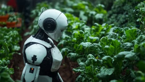 robot farmer tending to spinach crops