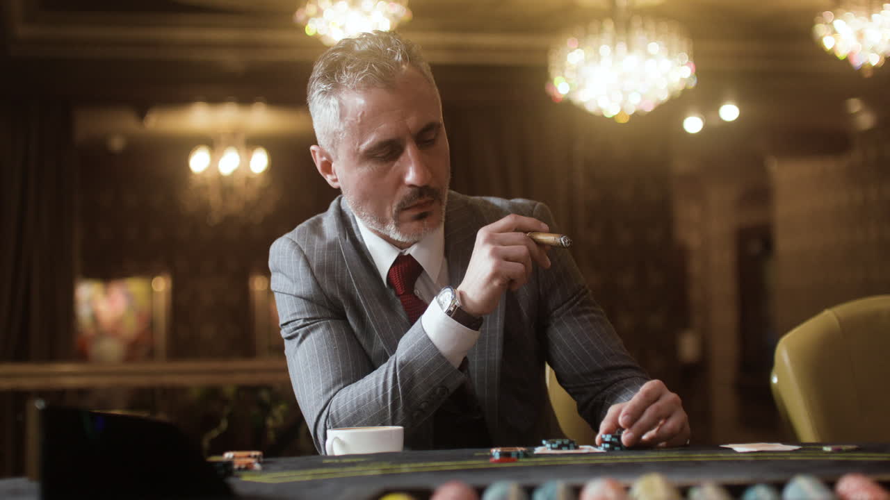 카지노에서 포커를 하는 남자.