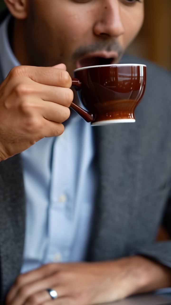 Un uomo sorseggia caffè, sorride dolcemente, anelli brillano sulle dita. Vestito elegantemente, rilassato, si gode un momento di tranquillità. Tazza calda, ambiente accogliente, eleganza sottile. Ideale per progetti di business, lifestyle o scene di caffè