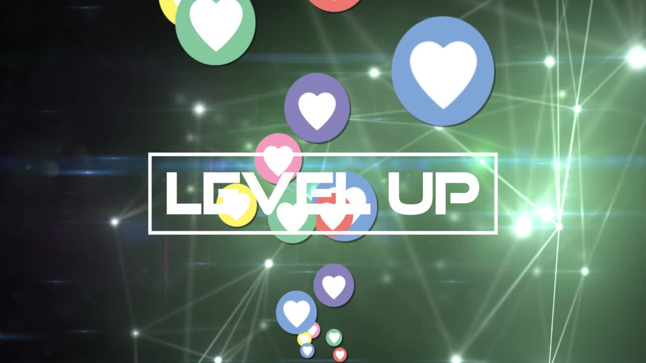 블랙 배경의 소셜 미디어 아이콘과 연결 네트워크에 대한 레벨 업 텍스트의 애니메이션