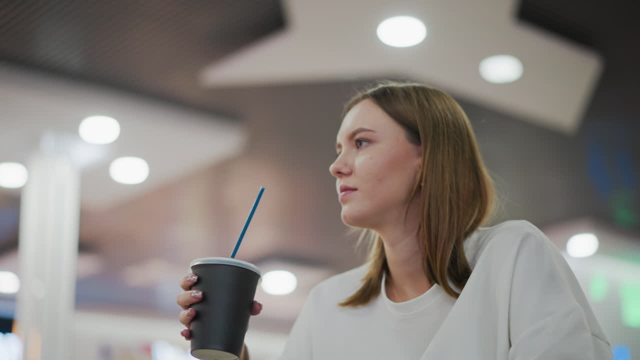 하 셔츠를 입은 여자가 현대적인 실내 환경에서 으로 컵에서 커피를 마시고, 부드러운 흐릿한 배경은 세련된 천장 조명을 갖추고 있습니다.
