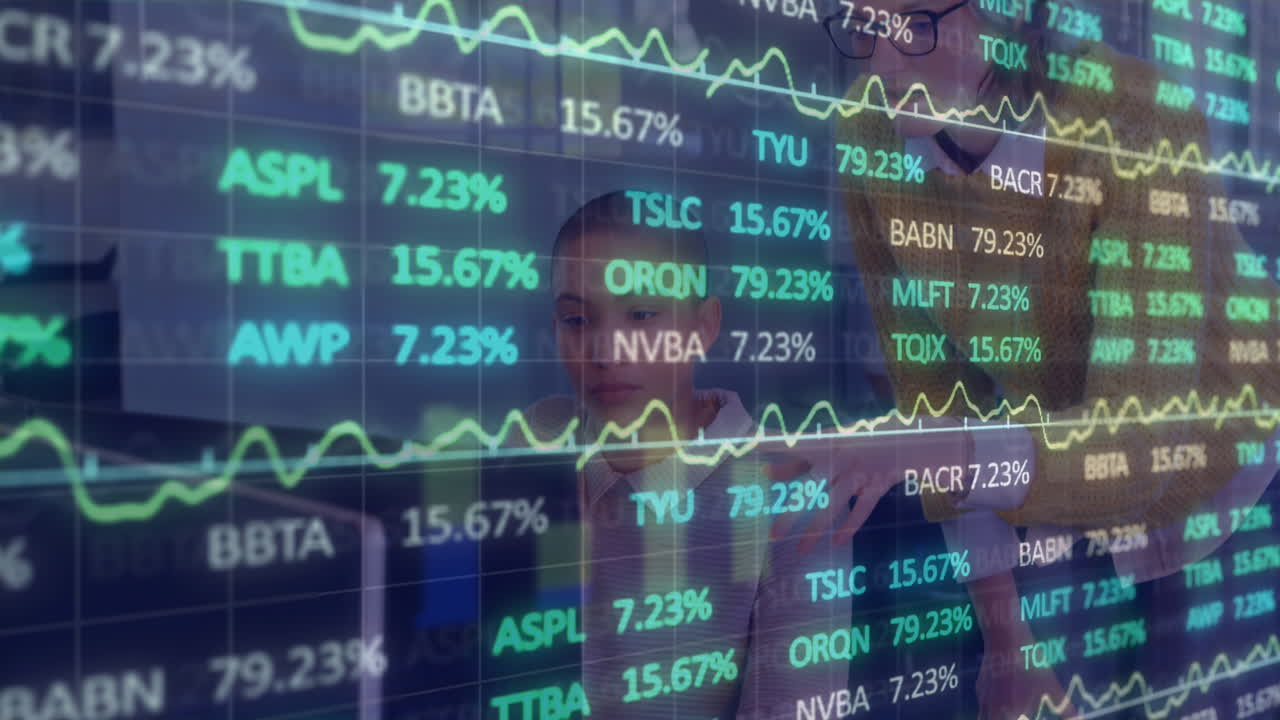Animation of financial data processing over business people using computer
