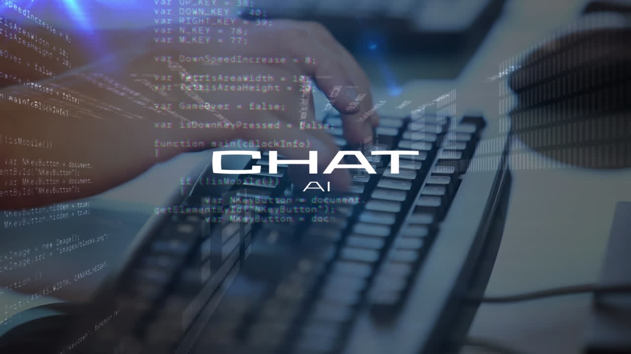 Animation of artificial intelligence text and data processing over caucasian man using computer