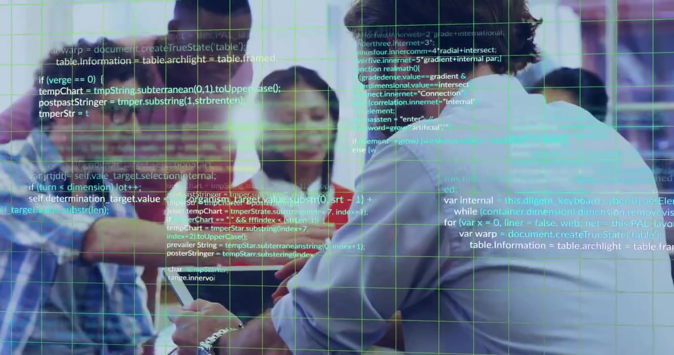 Male angling tablet toward colleagues at table with code and grid overlay expanding for tech review