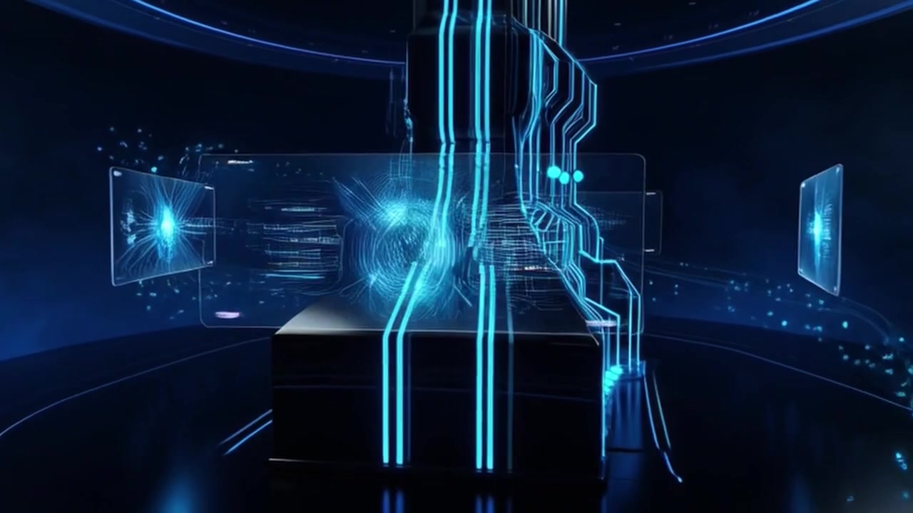 Futuristic Digital Core with Glowing Circuitry and Data Visualization