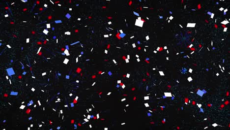 Animation-of-2023-text-in-blue-with-red,-white-and-blue-new-year-confetti-in-night-sky