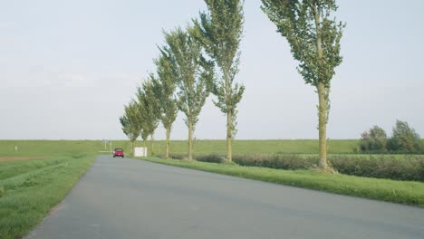 old alfa romeo driving past and away from camera on open road with green fields