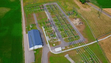 aerial view of high voltage electrical substation with transformers