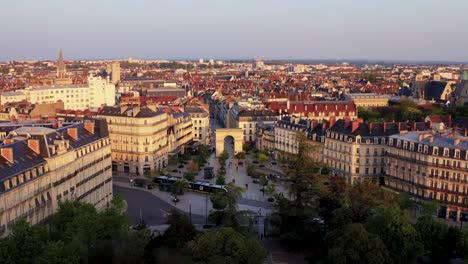 Aerial-French-City-with-tourism-and-public-tram-train-transportation-drone-4k-30p