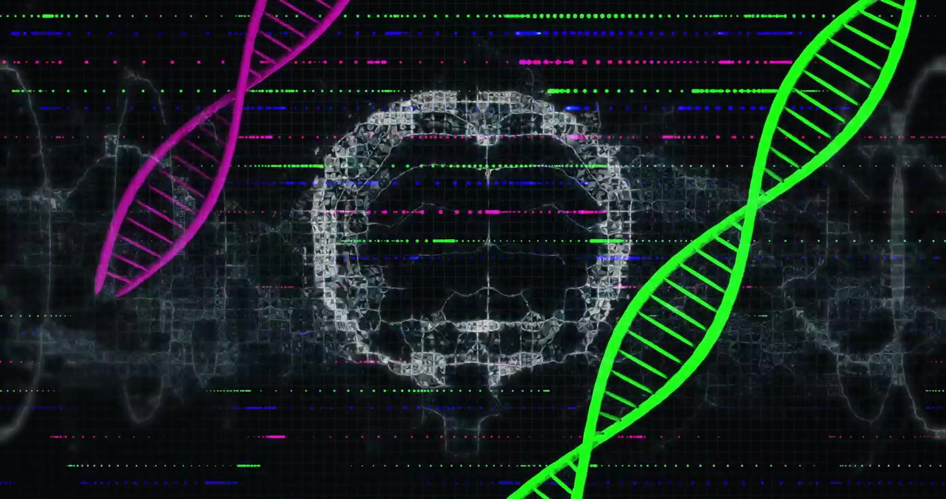 On interface starting, purple and green helices orbiting wireframe brain, animating data flow
