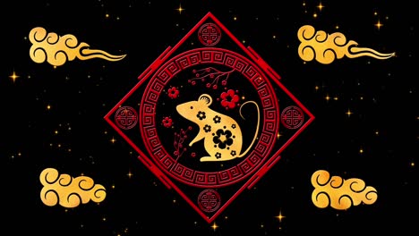 black chinese new year background with gold, rat, 3d rendering loop 4k. magical happy new year animation