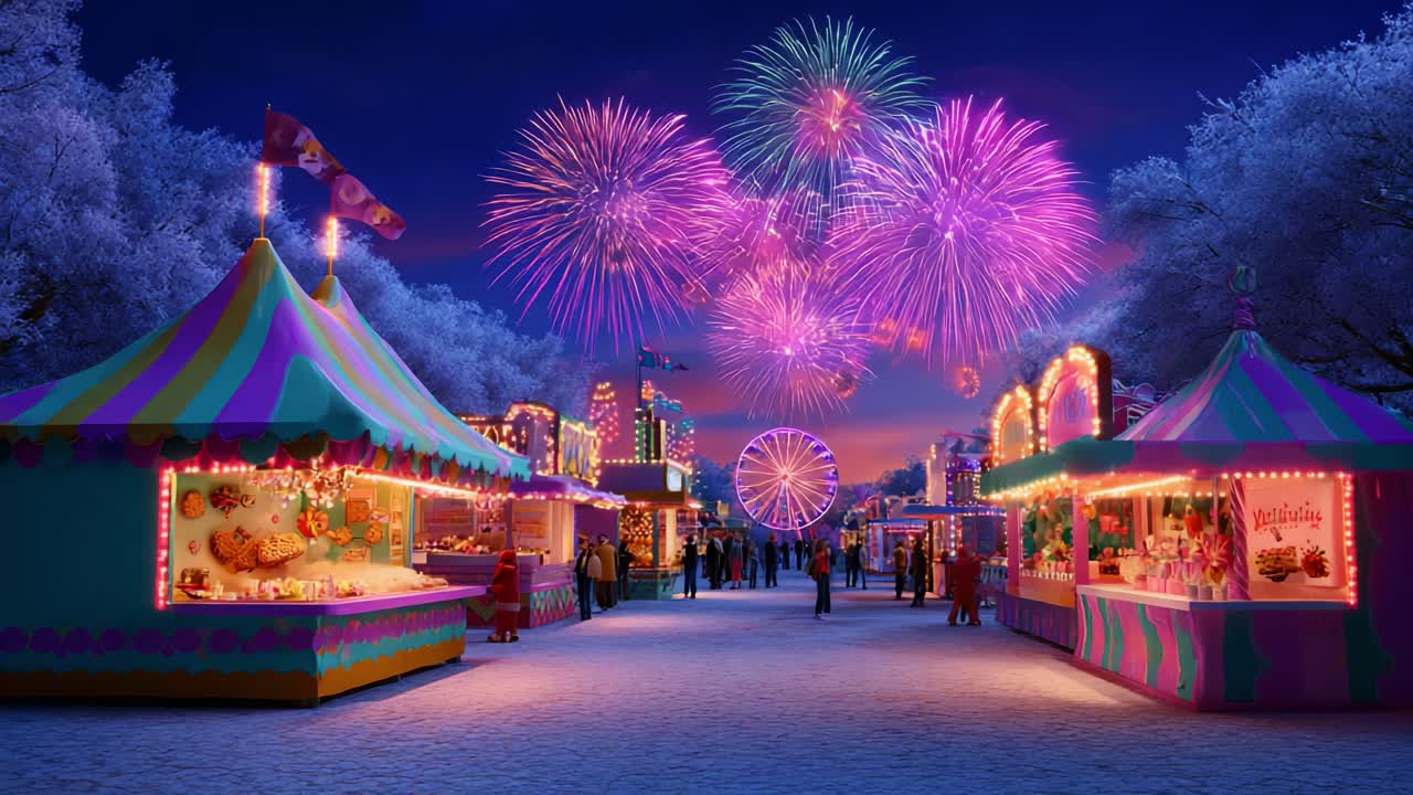 A Spectacular Evening at the Carnival: Vibrant Fireworks Light Up the Night Sky Over Colorful Booths and Magical Attractions in a Festive Winter Wonderland