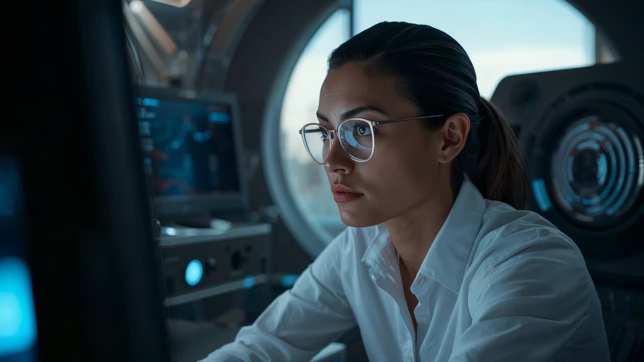 Monitoring woman with glasses, white shirt reacting to screen update, turning and adjusting console