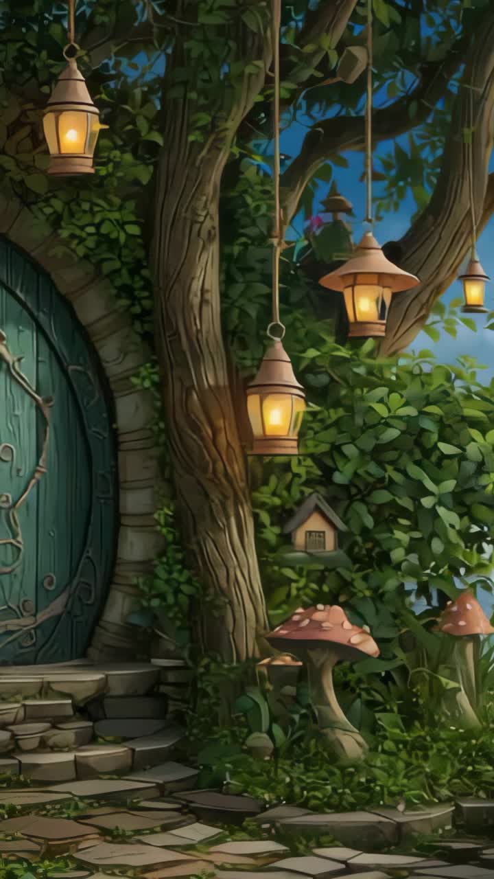 Vertical video: Lanterns glowing on gnarled tree trunk in forest clearing as ambient light shifting