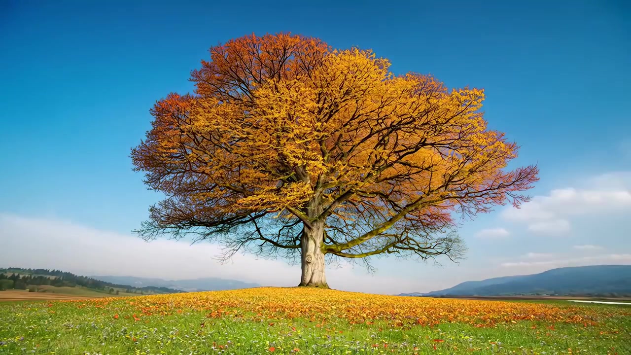 Time lapse di un albero solitario che cambia attraverso le stagioni