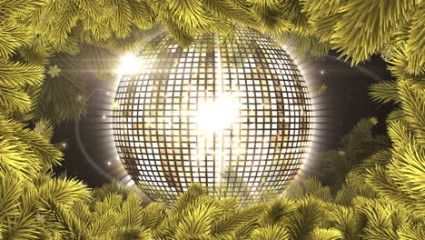 animation of gold snowflakes falling with mirror ball and christmas tree border