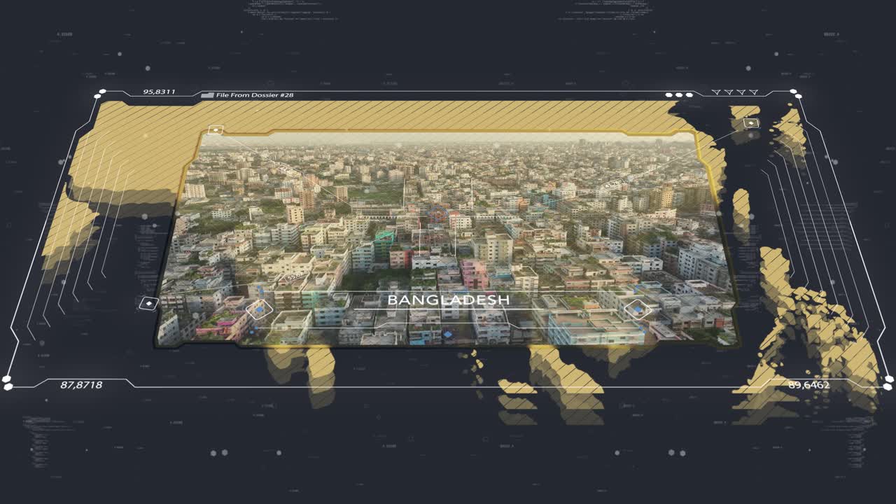 4K 15s 30fps blue and gold HUD intelligence map of Bangladesh with global locator. Geopolitical risk, security briefing, military analysis and crisis report animation