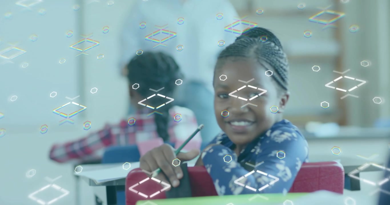 Classroom activity starting leading student shifting and turning head while digital shapes drifting
