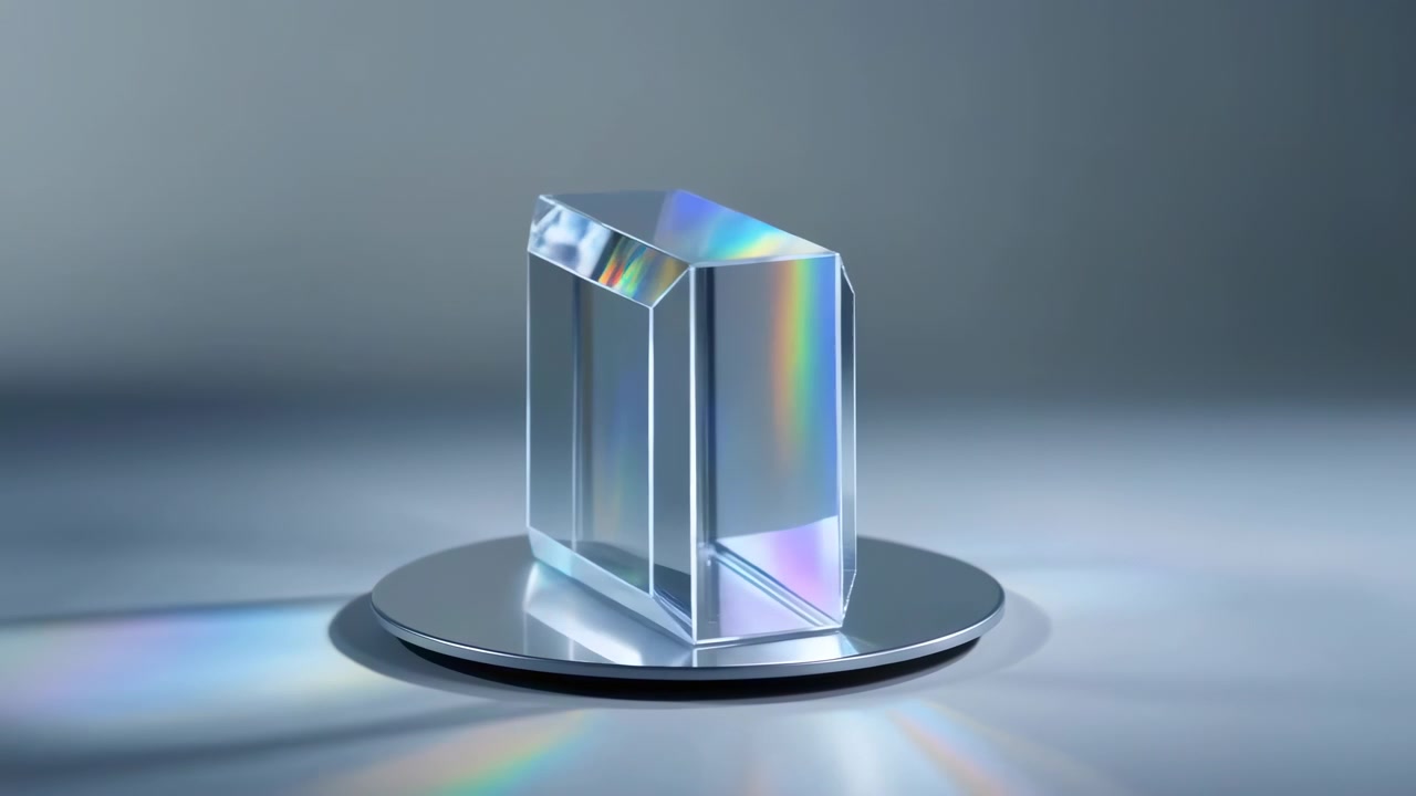 Un prisma di vetro rettangolare trasparente verticale poggia su un basso piedistallo circolare di metallo riflettente in un'illuminazione da studio minimalista, con sottili riflessi spettrali cangianti, riflessi morbidi e bordi nitidi.