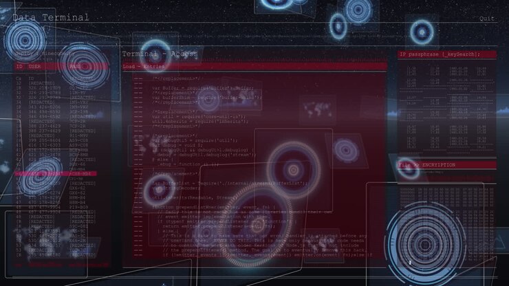 Animation of data processing on screens and scopes scanning over planet earth