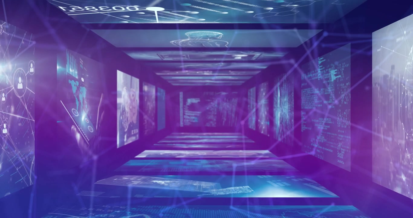 Animation of network of connections over data processing on blue background