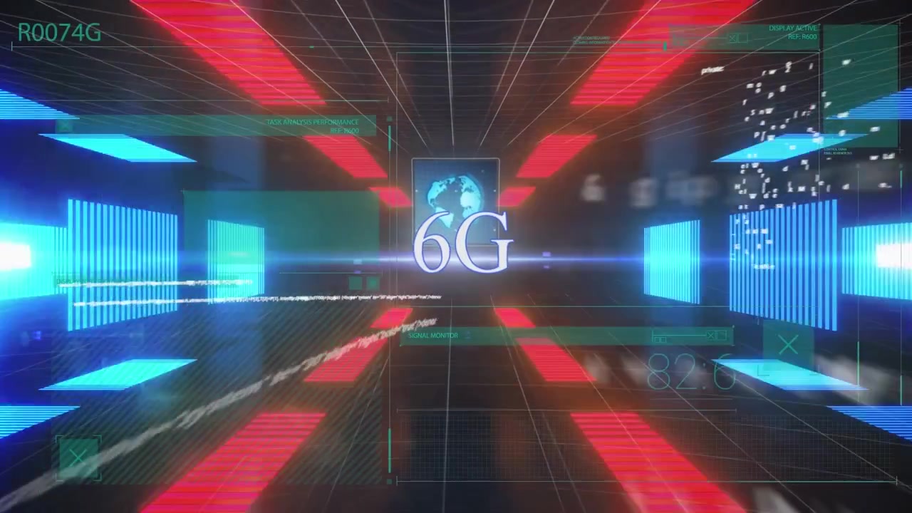 Animation of 6g text and data processing over black background