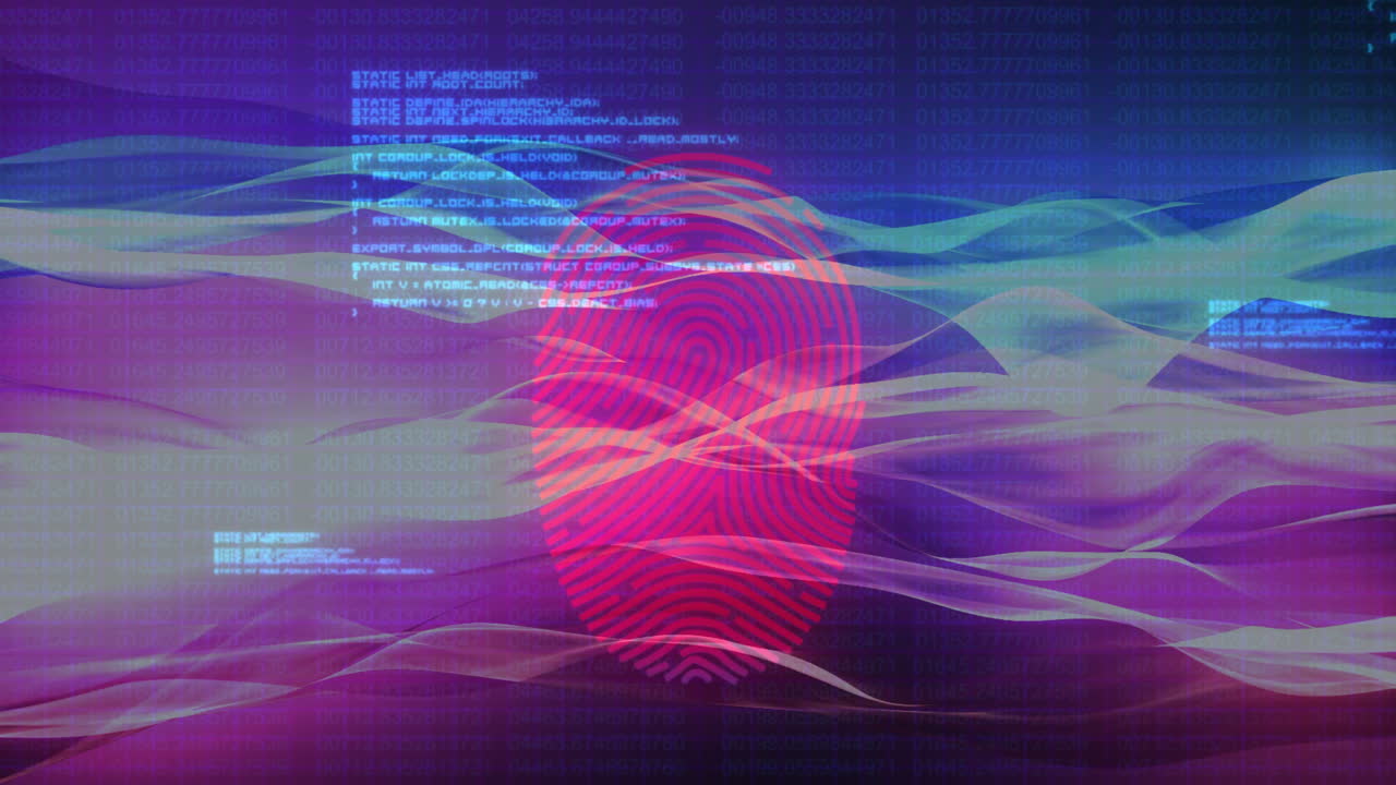 animación de huellas digitales y lenguaje informático sobre ondas dinámicas contra un fondo abstracto