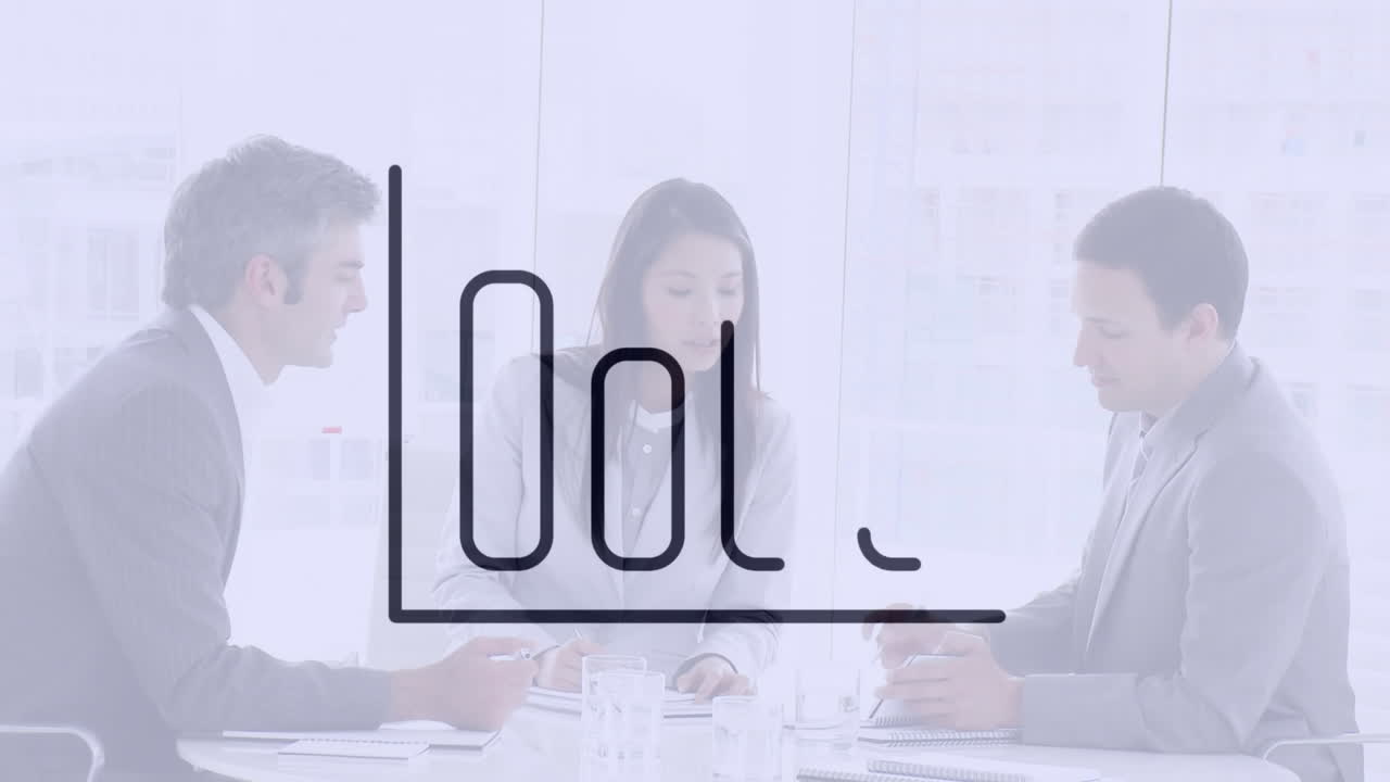 사무실에서 이야기하는 다양한 비즈니스 사람들 위에 비즈니스 아이콘의 애니메이션