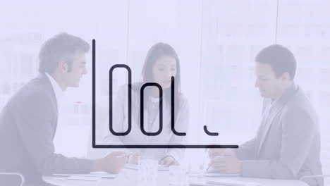 사무실에서 이야기하는 다양한 비즈니스 사람들 위에 비즈니스 아이콘의 애니메이션