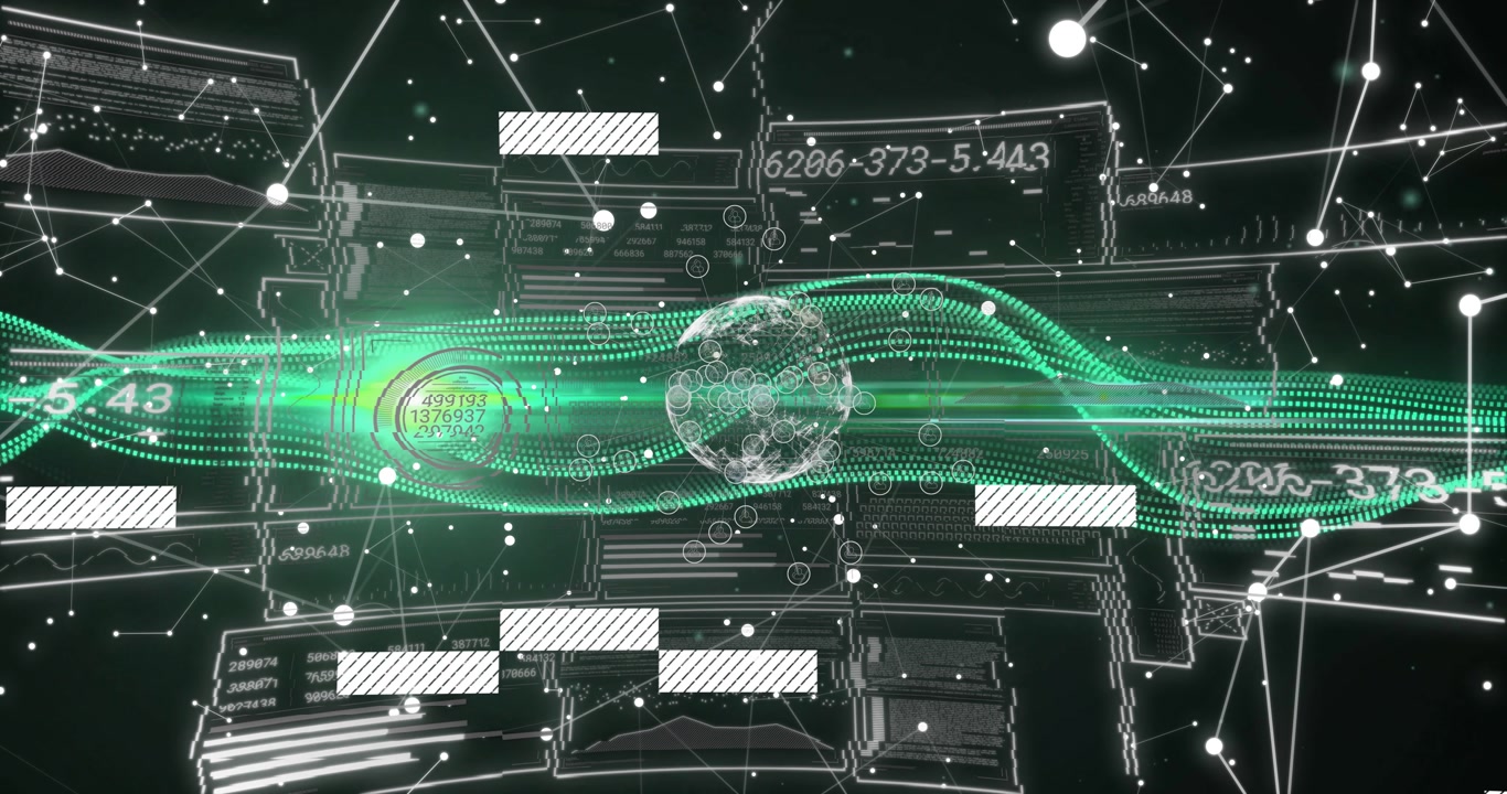 Digital globe being visualized in virtual interface, with green data stream and floating charts