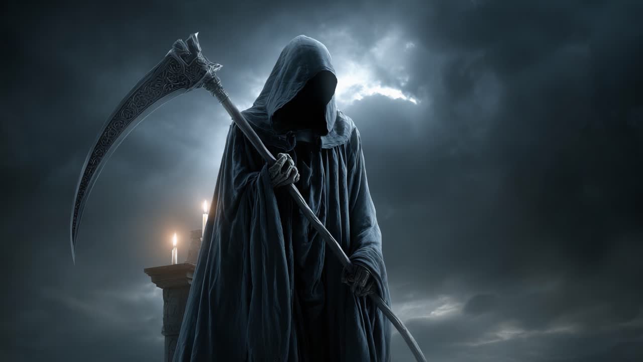 Mörk och mystisk figur håller en intrikat lie i en dyster atmosfär under olycksbådande moln med flimrande levande ljus som omger den gåtfulla scenen.