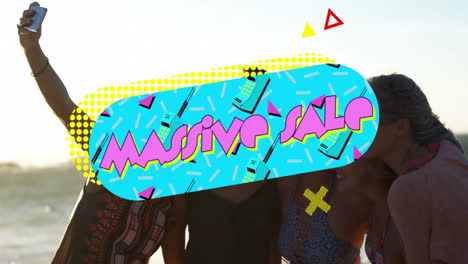 colorful massive sale text animation over people enjoying outdoor gathering