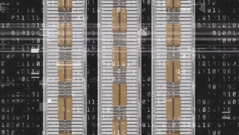 animation of binary codes and glitch technique over cardboard boxes moving on conveyor belt