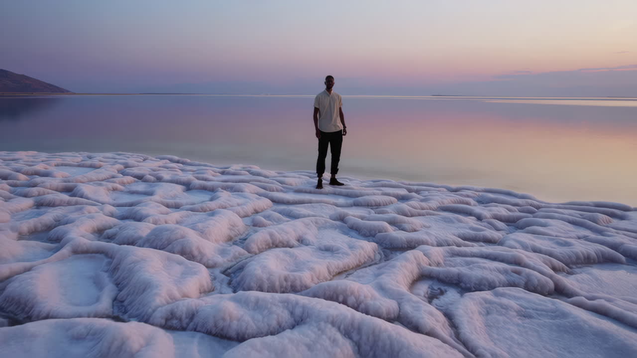 Man standing on salt flats at sunset
