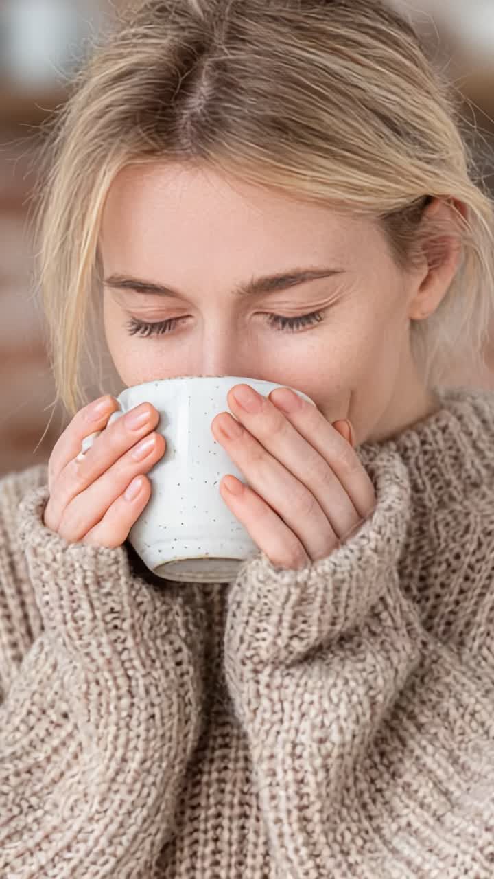 Un accogliente momento di serenità: una donna che si gusta una bevanda calda con un maglione di lana, godendosi il comfort di una rilassante atmosfera casalinga
