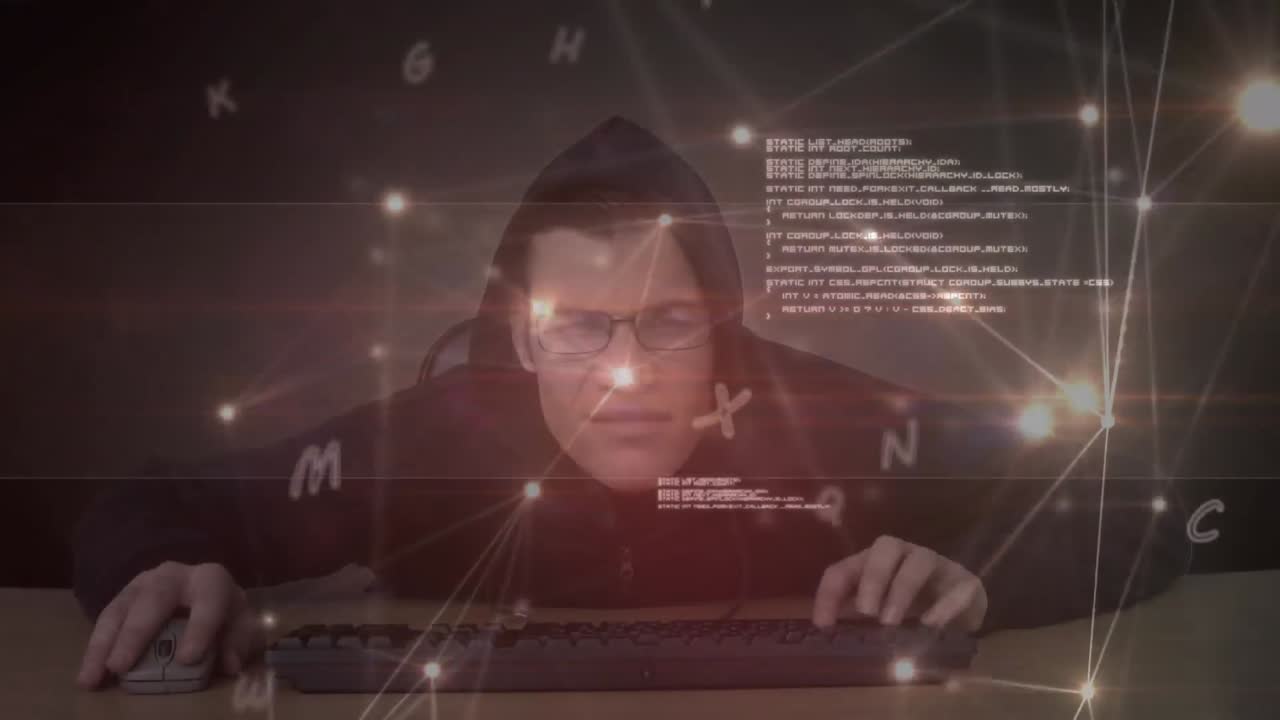 키보드에 타이핑하는 사람 위의 문자와 연결 네트워크의 애니메이션